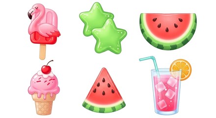 Colorful summerthemed icons with ice cream, watermelon, and drinks