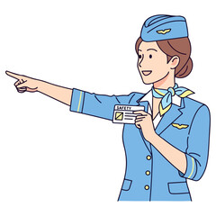Flight attendant pointing and holding safety card.