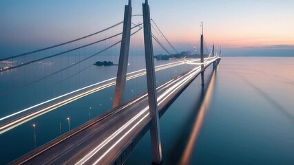 Long suspension bridge with glowing light trails stretching across calm sea at twilight showing modern engineering and urban infrastructure - Powered by Adobe