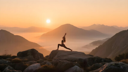Serene yoga practitioner strikes a pose amidst breathtaking mountain landscape sunrise