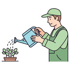 Man watering plants in a pot, gardening and taking care.