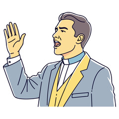 Preacher delivering a sermon with raised hand and open mouth.