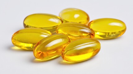 Isolated Yellow Fish Oil Capsules Rich in Vitamin E against a White Background