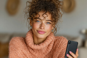 Happy female caucasian woman recording vlog on smartphone for social media. Generative AI