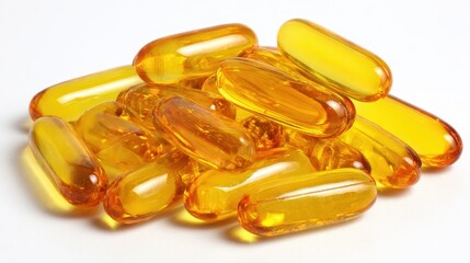 Isolated Yellow Fish Oil Capsules with Omega-3 Vitamin E on a White Background