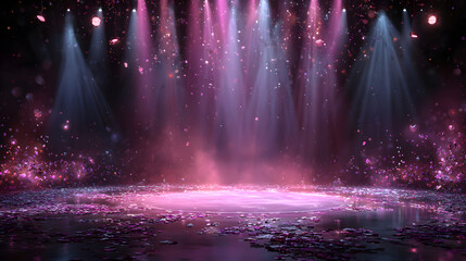 Pink spotlight stage background. Disco party projector light concert or show scene. Magic beam glow for nightclub or award winner with confetti glitter. Congratulation performance bg for celebrity