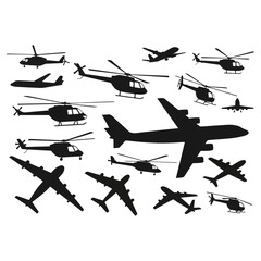 Silhouettes of various aircrafts and helicopters on a white background. © progoz