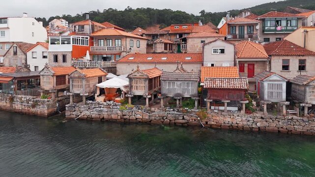 Aerial of Combarro Village with Horreos on Ria de Pontevedra, Galicia