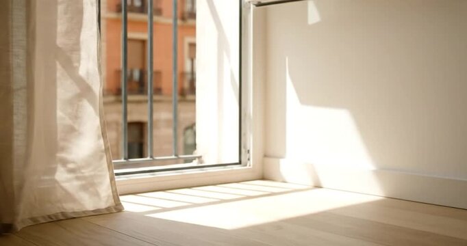 Sheer natural linen curtain gently swaying in a minimalist Spanish apartment.