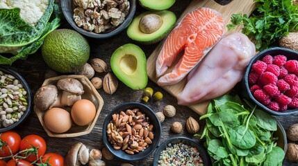 Assortment of nutritious foods on wooden table, showcasing a balanced diet.