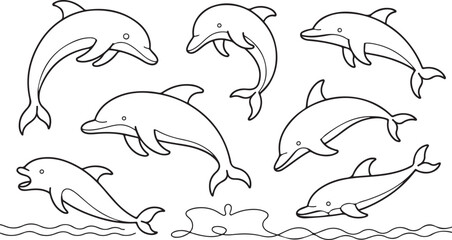 Obraz premium Dolphin Set Vector Illustration in Outline Style for Marine Life Designs