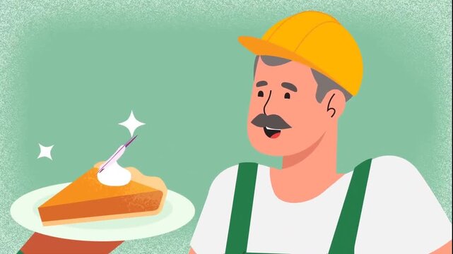Cartoon man with pie slice dessert, animated bakery and food illustration in flat design style.
