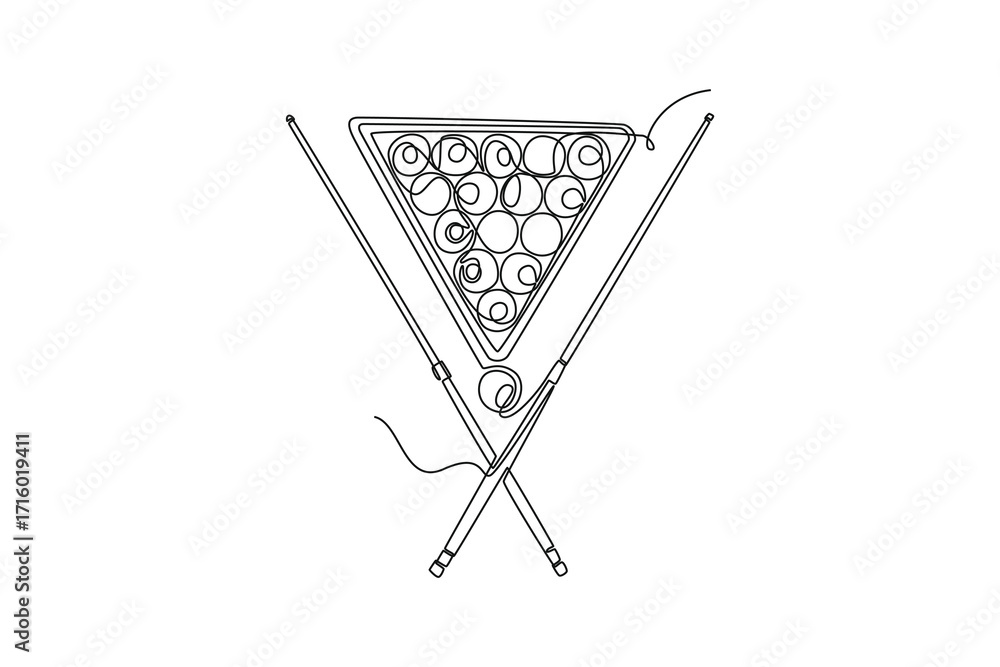 Poster single continuous line drawing billiard balls racked with cue sticks, symbolizing start position and