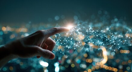 Human Finger Interacting with Digital Network.