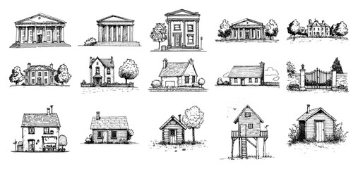 Vintage Houses Cottages and Garden Architecture Icons Set black shape vector laser cutting engraving monochrome print