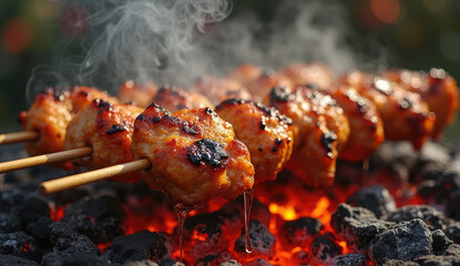 Delicious Grilled Skewers Sizzling over Hot Charcoal