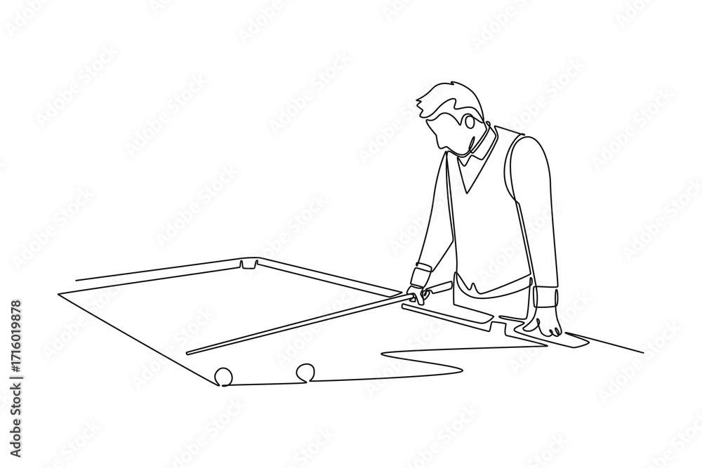 Poster single one line drawing active male pool athlete aiming a cue stick, representing poised concentrati