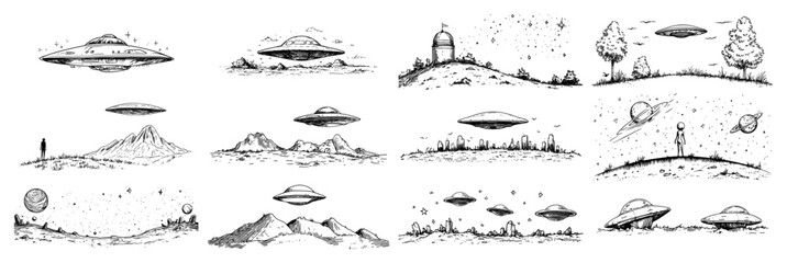 Ufo and Alien Doodle Set in a Hand Drawn Style black shape vector laser cutting engraving monochrome print © Kaz