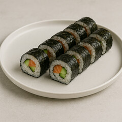 sushi on a plate, sushi serving, japanese sushi rolls, sushi fast food, 