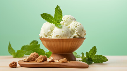Glace verte à la menthe ou à la pistache sur un fond vert. Glace, sorbet, cône, pot. Rafraîchissante, estivale. Pour conception et création graphique.