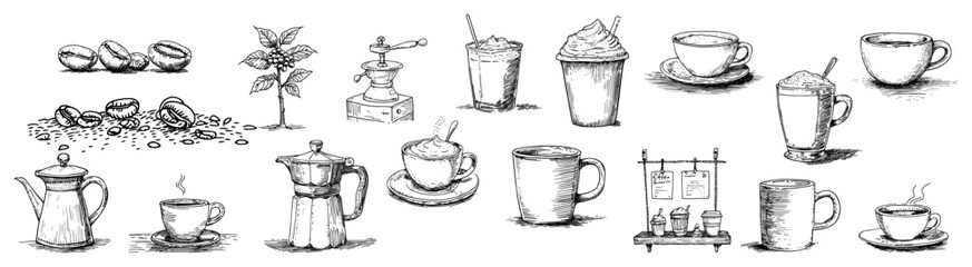 Hand Drawn Coffee Themed Doodle Illustration Set