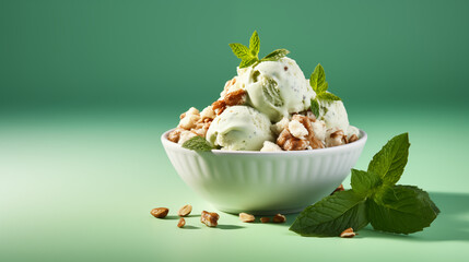 Glace verte à la menthe ou à la pistache sur un fond vert. Glace, sorbet, cône, pot. Rafraîchissante, estivale. Pour conception et création graphique.