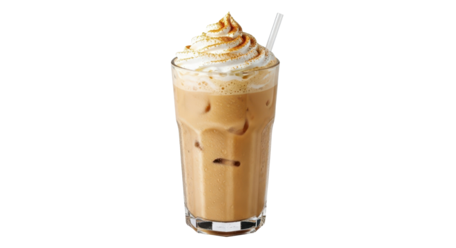 Iced caramel latte with whipped cream in a tall glass isolated PNG with Transparent Background