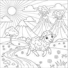 A charming lamb's adventure in a prehistoric world with volcanoes, a creative coloring book page
