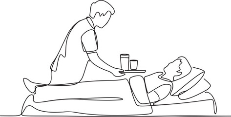 Continuous Line Drawing of Caregiver Serving Patient in Bed Illustration