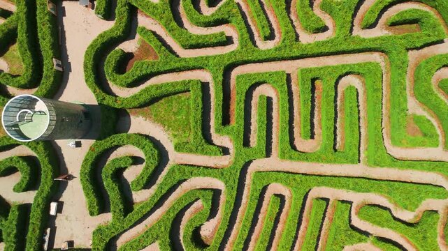 Aerial Top View of Geometrical Green Maze Labyrinth Garden