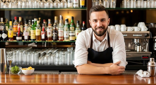 A friendly male bartender with a beard smiling confidently behind a well-stocked bar counter.