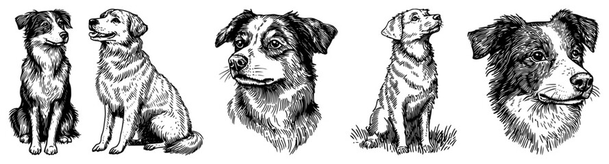 Hand Drawn Border Collie Dog Portraits and Illustrations Set black shape vector laser cutting engraving monochrome print