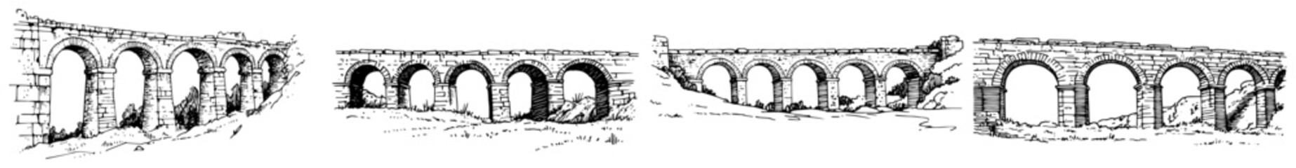 Hand Drawn Set of Ancient Roman Aqueduct Ruins