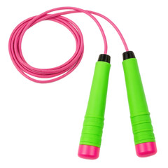 Jump rope with vibrant green handles and pink accents, perfect for fitness and fun. transparent background enhances its colorful design