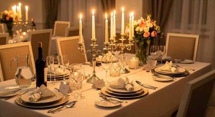 Fototapeta premium An elegantly set dining table with lit candles and flowers for a formal dinner party or wedding reception.