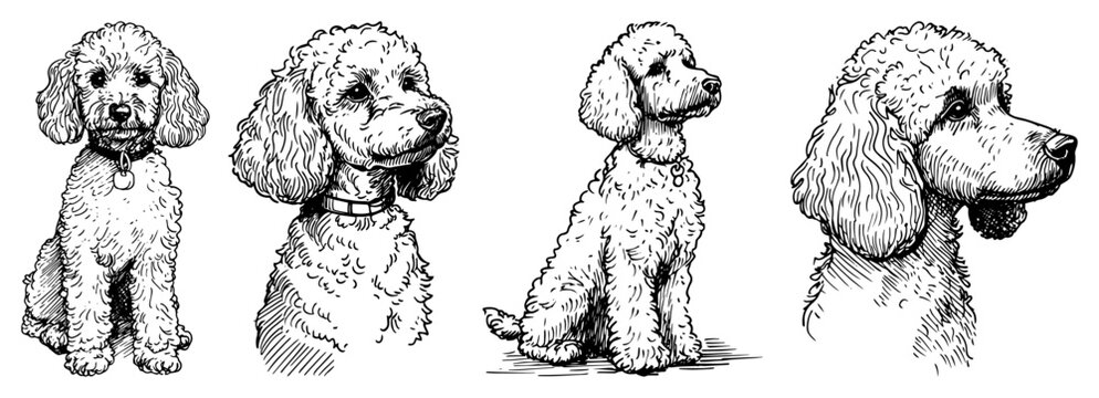 Hand Drawn Poodle Dog Portraits Vector Set