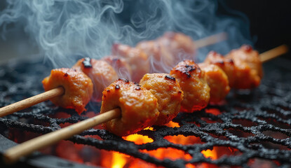 Deliciously Grilled Meatballs on Skewers over Hot Charcoal