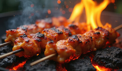 Deliciously Grilled Chicken Skewers on Hot Charcoal Grill