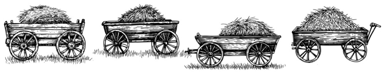Fototapeta premium Collection of Wooden Hay Carts in a Hand Drawn Style black shape vector laser cutting engraving monochrome print