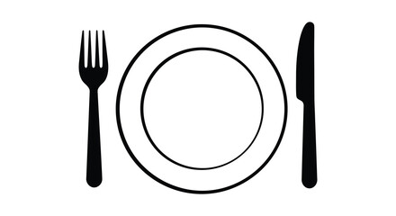 Simple black and white illustration of a plate fork and knife