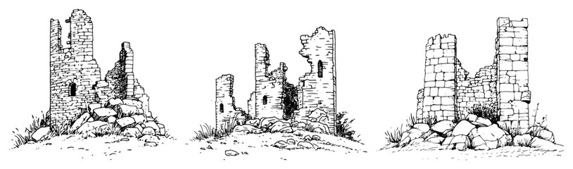 Collection of Ancient Castle Ruins in a Vintage Sketch Style black shape vector laser cutting engraving monochrome print © Kaz