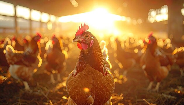 Chicken Farm at Sunrise with Golden Light Interior Focus on Rooster