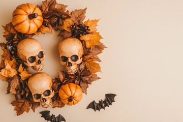 A circular wreath composed of autumn leaves, decorative pumpkins, and skulls, creating a festive fall scene.