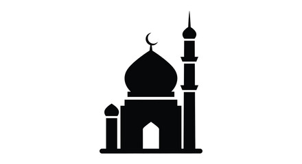 Simple black silhouette of a traditional mosque with crescent moon symbol