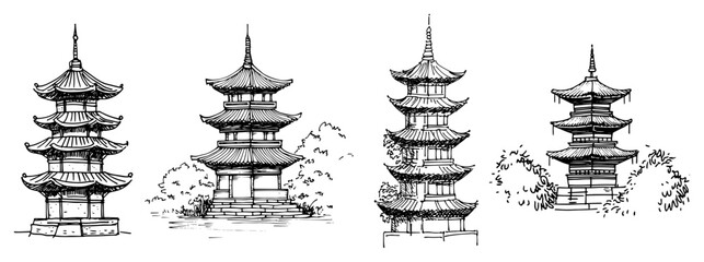 Obraz premium Hand Drawn Japanese Pagoda Temple Vector Set