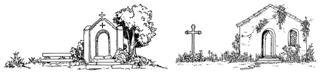 Old Rural Chapels and Crosses Vintage Engraving Style Illustrations