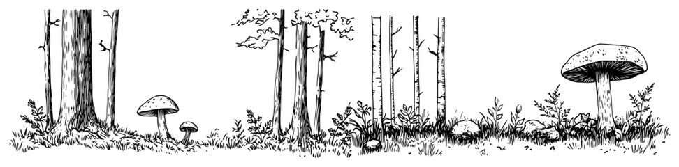 Hand Drawn Forest Landscape with Trees and Mushrooms Monochrome Vector Banner