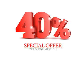 Red number 40 percent. Forty number in red, 3d. Poster template for discount, sale discount, work progress. Vector illustration