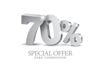 70 percent number in grey color. Seventy number in silver 3d. Poster template for discount, fifty percent sale discount, work progress. Vector illustration