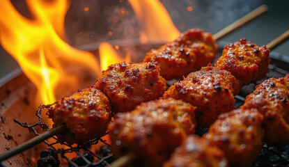 Deliciously grilled chicken skewers over hot flames.